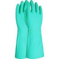 Premium green chemical resistant 16 inch flock lined nitrile gauntlet.